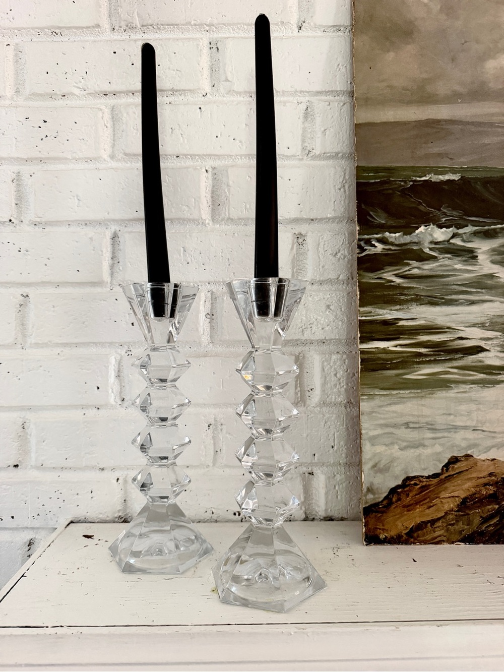 Godinger Clear Faceted Crystal Taper Candlestick Pair
